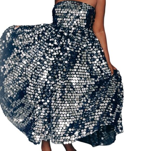 NWT ELOUII Silver Paillette Strapless Dress With Full Skirt $219 Size 18 - Picture 3 of 11